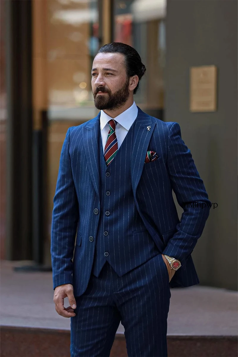 Conjunto de trajes exquisitos para hombre, trajes de esmoquin de doble botonadura a rayas para hombre, traje de hombre de negocios, chaqueta, chaleco y pantalones, 3 piezas