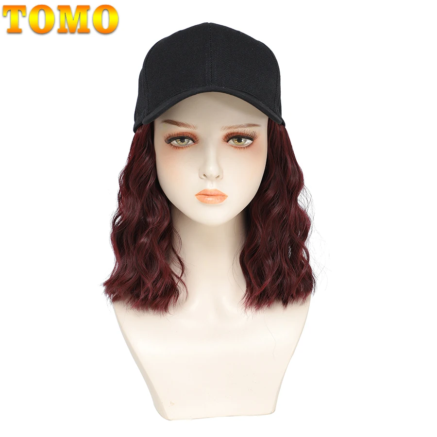 TOMO topi bisbol Wig dengan rambut keriting, topi basket hitam ekstensi rambut gelombang untuk wanita anak perempuan