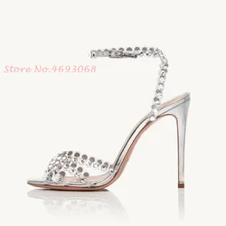 Silver Crystal Transparent Cross Sandals Women Buckle Strap Thin Heel Pumps Casual Party Peep Toe 2022 Women's Summer Sandals