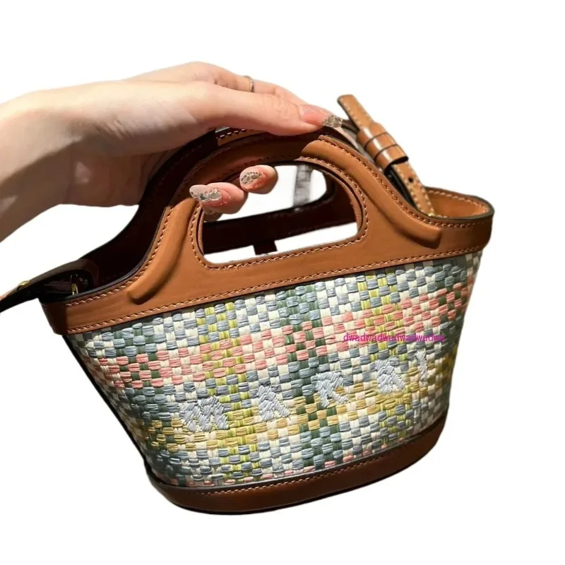 

Vegetable Basket Bag, Straw Woven Bag, Crossbody Stitched Cowhide Bucket Bag