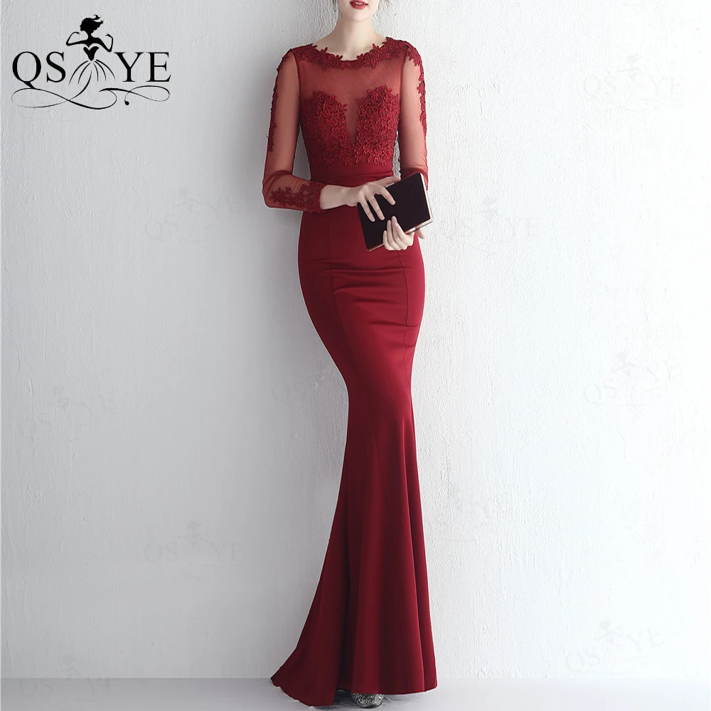 

Long Sleeves Burgundy Prom Dresses 2022 Elastic Mermaid Long Empire Dress Woman Appliques Lace Formal Party Gown Evening New Red