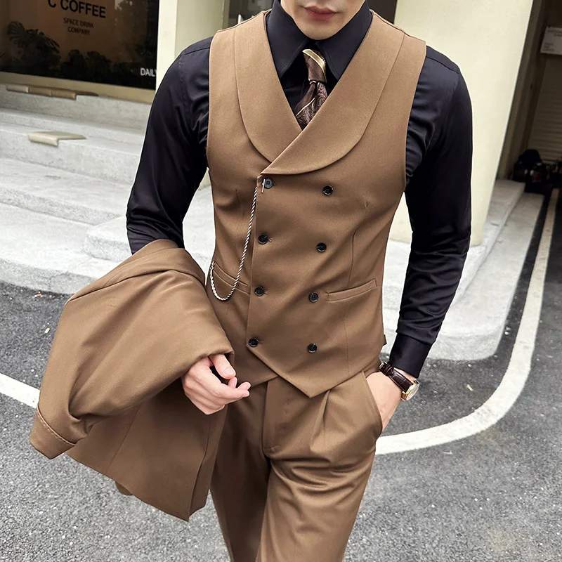 Brand Clothing Men\'s Business Suit Vest Male Slim Fit Fashion High Quality Double Breasted Suit Vest