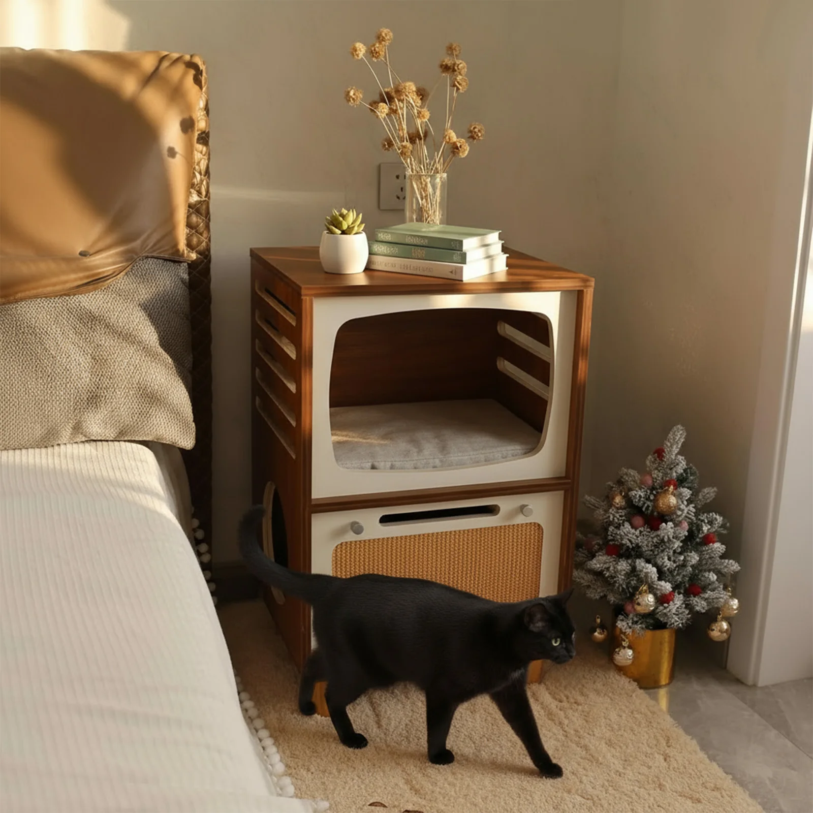 

Retro TV-Style Large Side Table & Cat Home with Scratching Board 2-Tier Cat Activity Center for Pet Playground Small Nest
