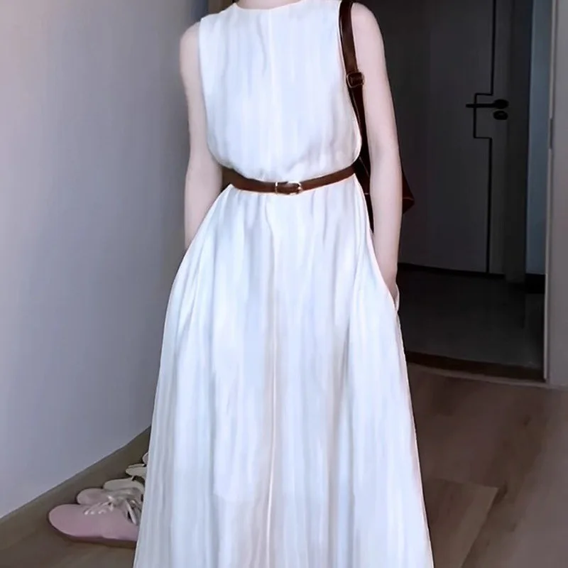 

White Dress, Female Summer Sleeveless Vest Dress, O-neck, Long Dress, Temperament, Slim, Big Bottom Dress