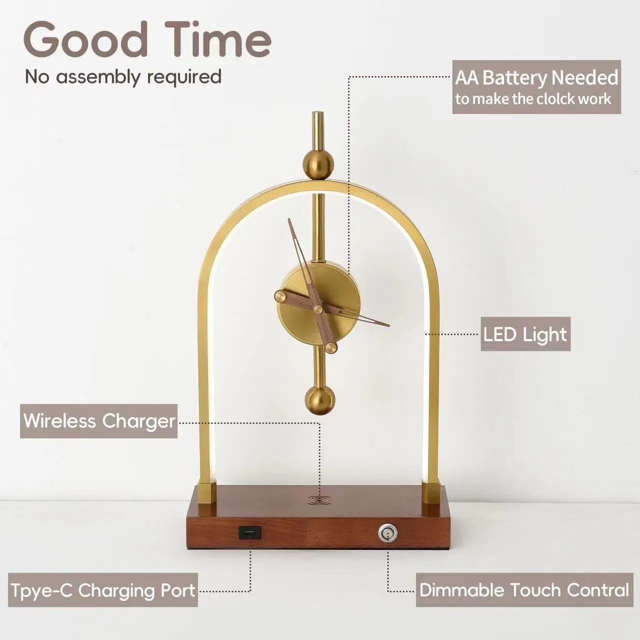 Gold Clock Desk Lamp Wood Vintage Stand Bedside Night Light Kids Study Bedroom Living Room Decor Home Atmosphere Led Table Lamp