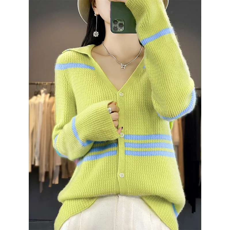 Autumn/Winter New 100% Wool Cardigan Women's Casual Striped Knitted Tops Combination Collar Blouse Women's Coat Fashion