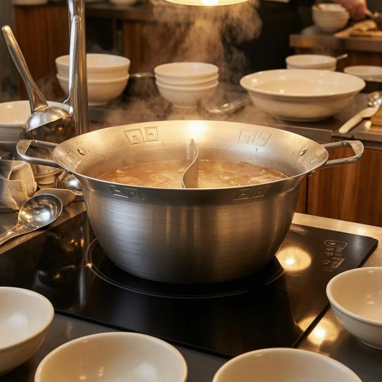 Two-Partcompartment Hot Pot Smooth Polished Finish Divided Stainless Steel Hot Pot Wide Flared Rim Commercial for Restaurant