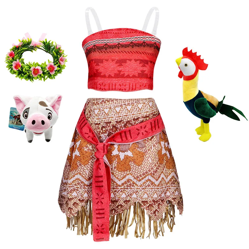 Disney New Moana Dress Kids Cosplay Girls Princess Vaiana Dress Children Birthday Party Costume with Necklace Pet Pig Chick Sets