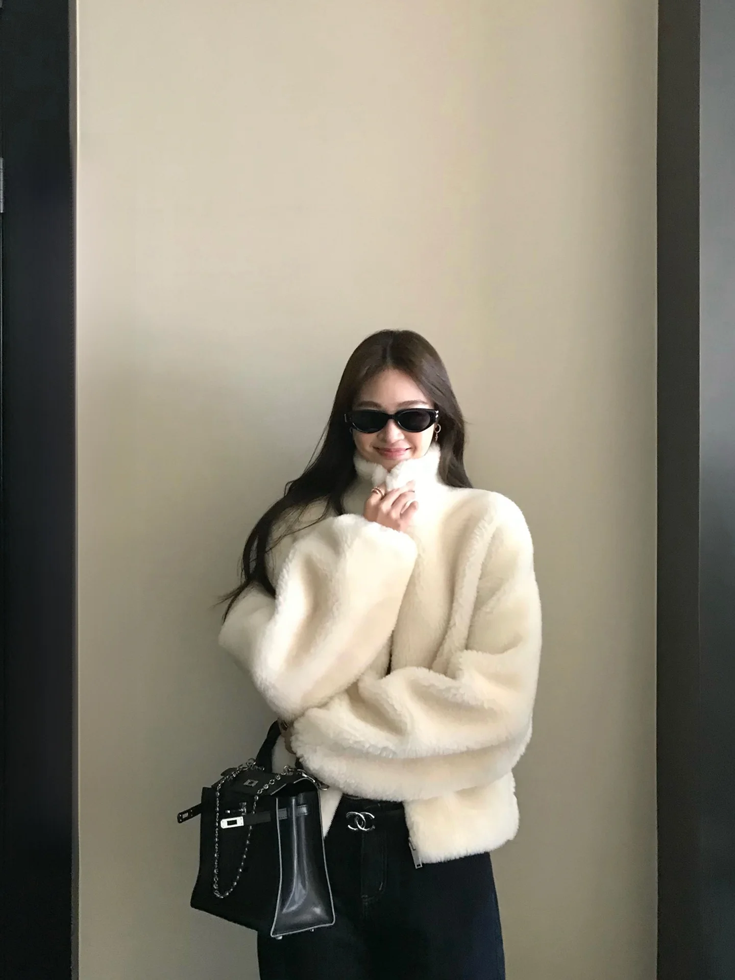 

ZM Zhou Mi Women's Casual Sle Lamb Fur Coat Loose Fit Winter 2025 New Arrival Inteated eepskin Long Sve Zipper Closure