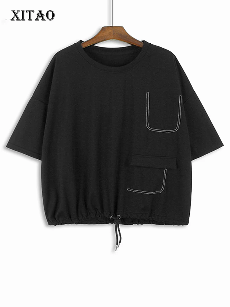 

XITAO Loose O-neck T-shirts Fashion Drawstring Hem Women Summer New Casual All-match Simplicity Patchwork Top WLD20151