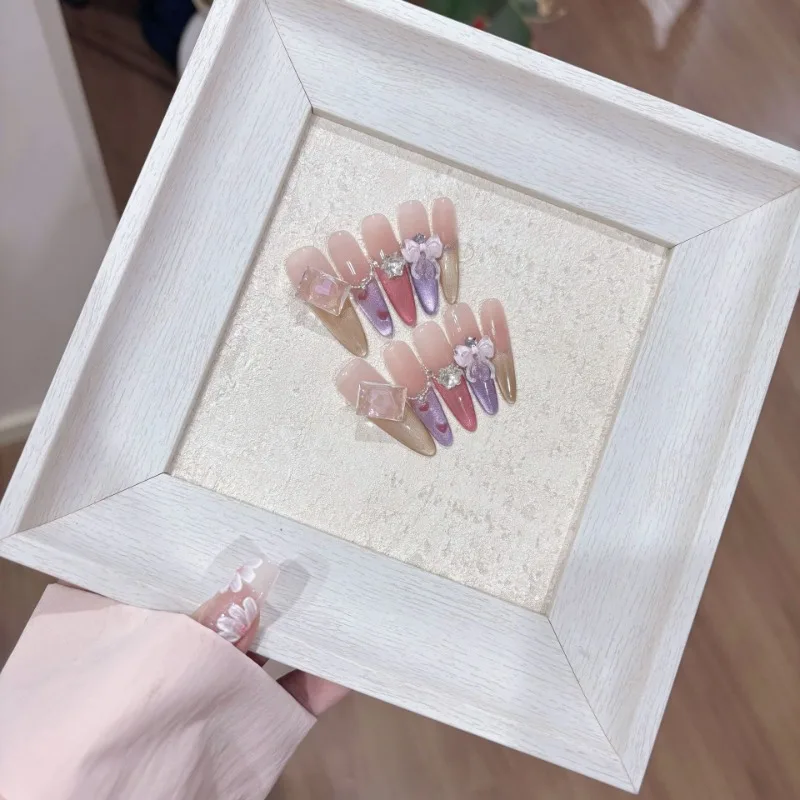 10 Pieces French Colorful Cat Eye Long Handmade Press On Top of Nail Drill Butterfly Fake Nails Removable Reusable