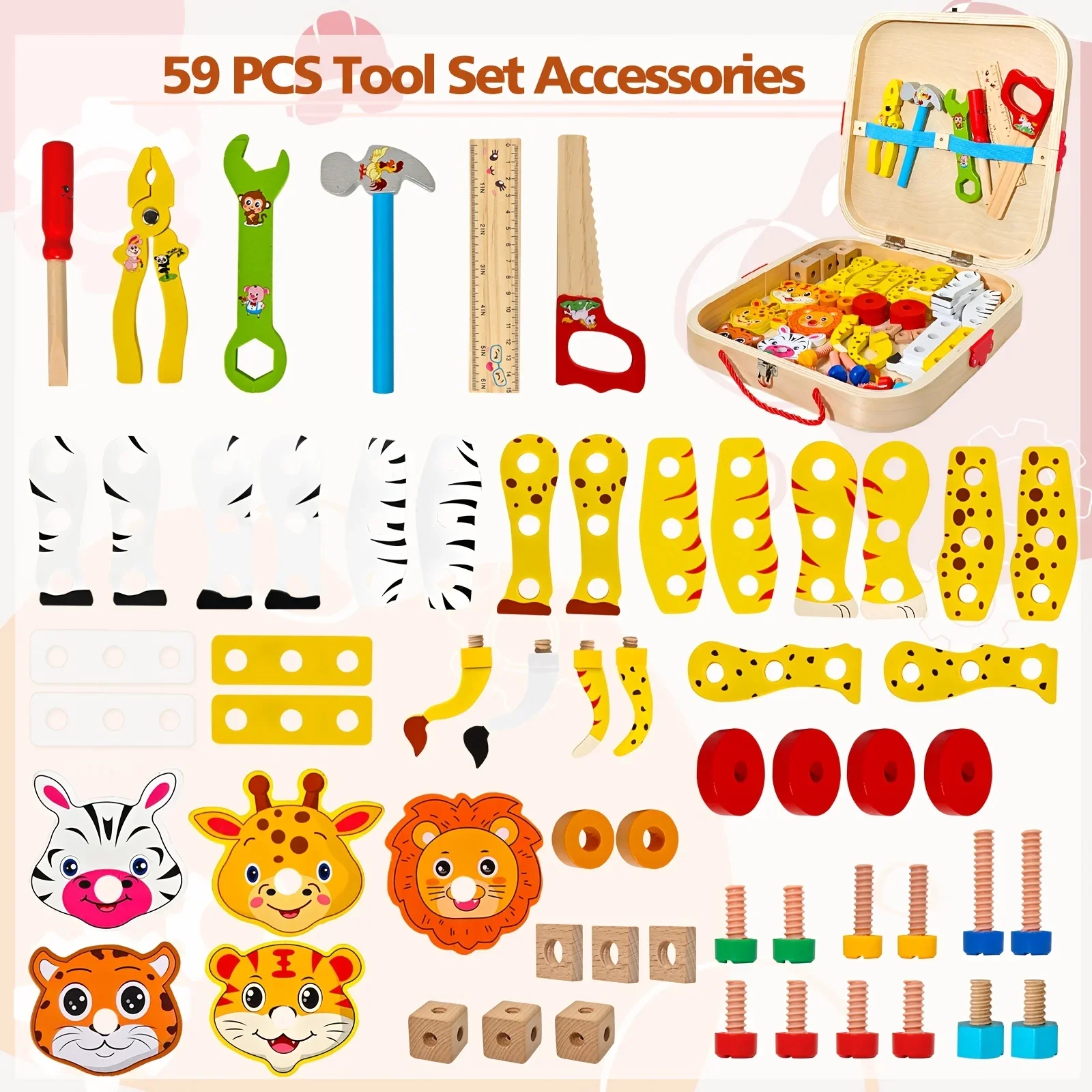 صندوق أدوات تجميع الحيوانات التعليمية - لعبة التظاهر الخشبية الممتعة تعزز الإبداع والمهارات العملية، هدية يومية مثالية