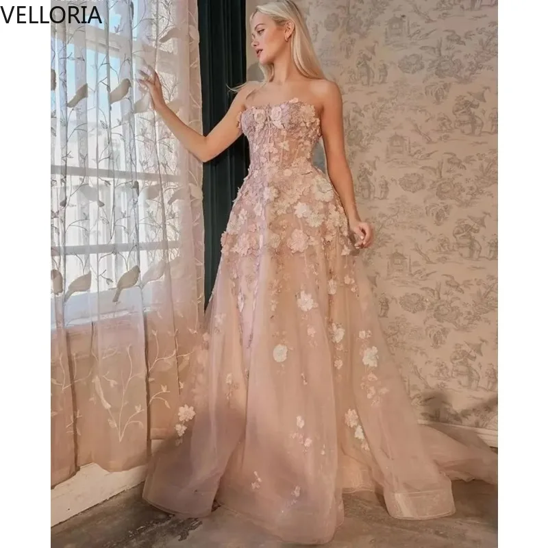 

Quality Pink Evening Dresses Strapless 3D Flowers Lace Appliques Ball Gown Tulle Lace Up Train Formal Party Gowns Customized