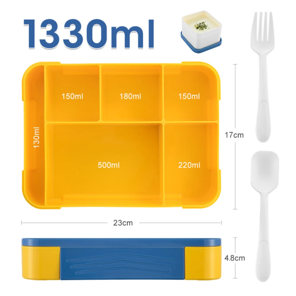 1330ML Kids Lunch Box With Tableware Sauce Portable Divided Oven Bento Box Leakproof Food Container For back to school kitchen