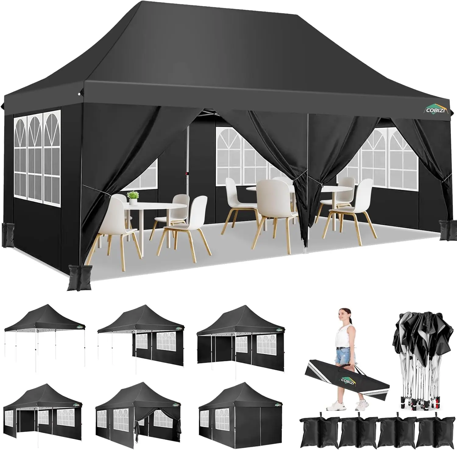 Cobizi 10X20Ft Pop Up Canopy Tent With 6 Removable Sidewalls, Easy Up Commercial Canopy, Waterproof And Uv50+ Gazebo With