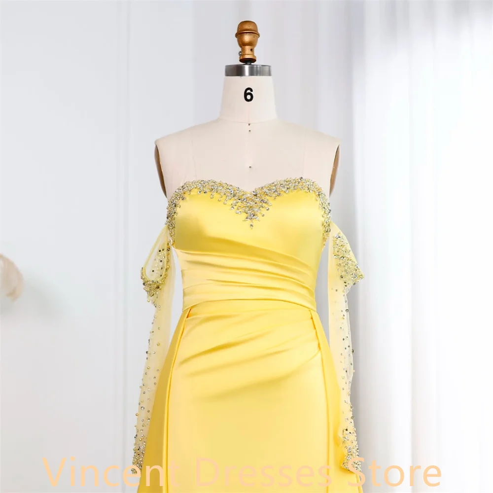 Customized Formal yellow Satin Homecoming Dress Classic Sweetheart Crystal Panel Train Ruched Mermaid Zipper Back Robe de soirée