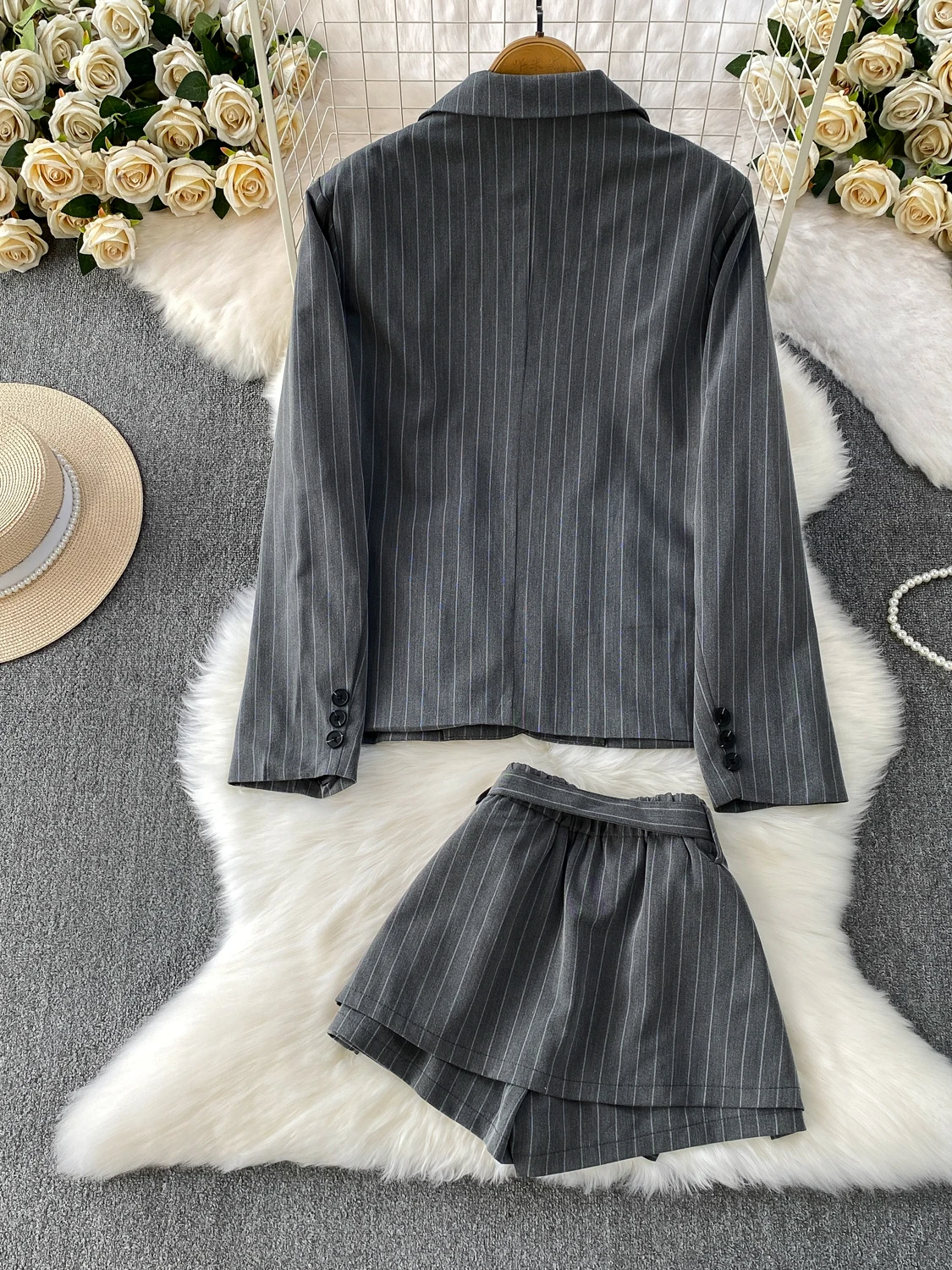 Briti Sle Faionable Listrado Terno Jaet e Saia Or de Cintura Alta Conjunto de Duas Peças para Meninas da Moda Casual Roupas de Inverno