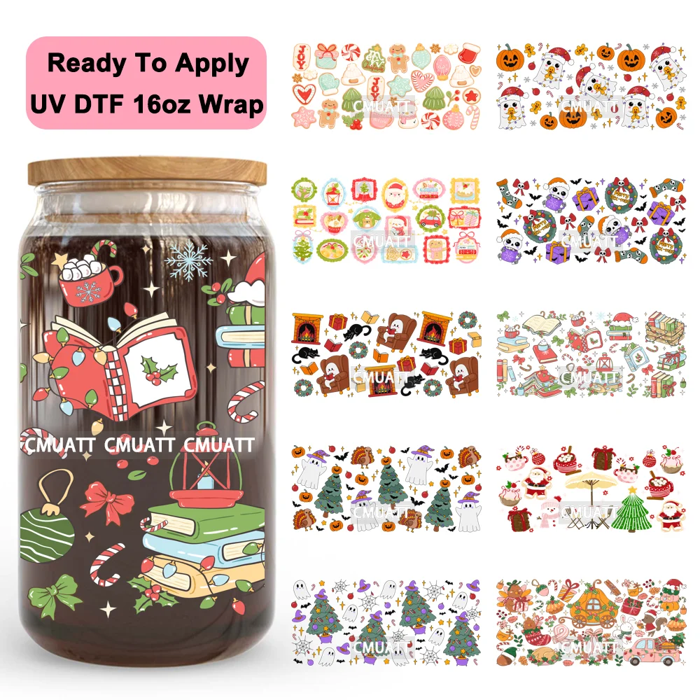 

Bookish Christmas Ghost Xmas Santa Claus UV DTF Stickers Ready To Transfer Cup Wrap Custom Labels DIY Craft For Libbey Can Glass