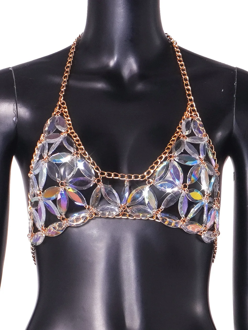 OFU Fashion Imitation Diamond Handmade Metal Body Chain Halter Tessel Bottom Tank in Gold