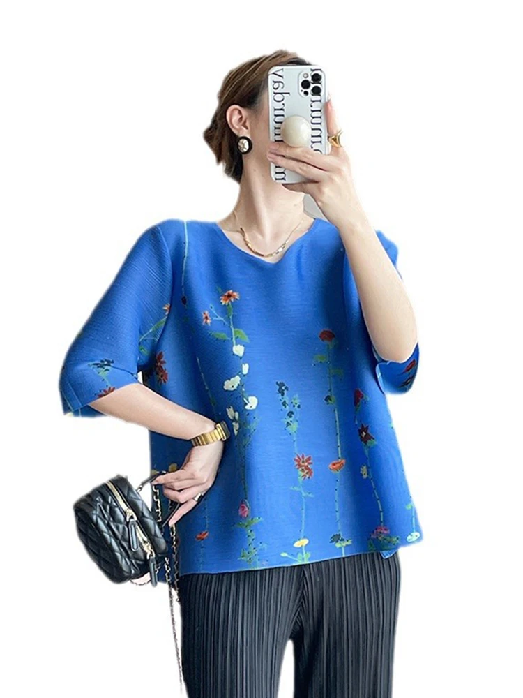 LANMREM Print Pleated T-shirt For Women O-neck Lantern Sleeves Loose Tops Fashion 2024 Female Summer New Clothing 2Z1708