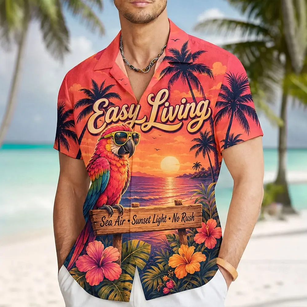 

Men's Spring Summer Casual Shirt, Parrot & Sunset Beach Scene Print Tops for Daily Street Holiday Beach Dating & Leisure Outfit