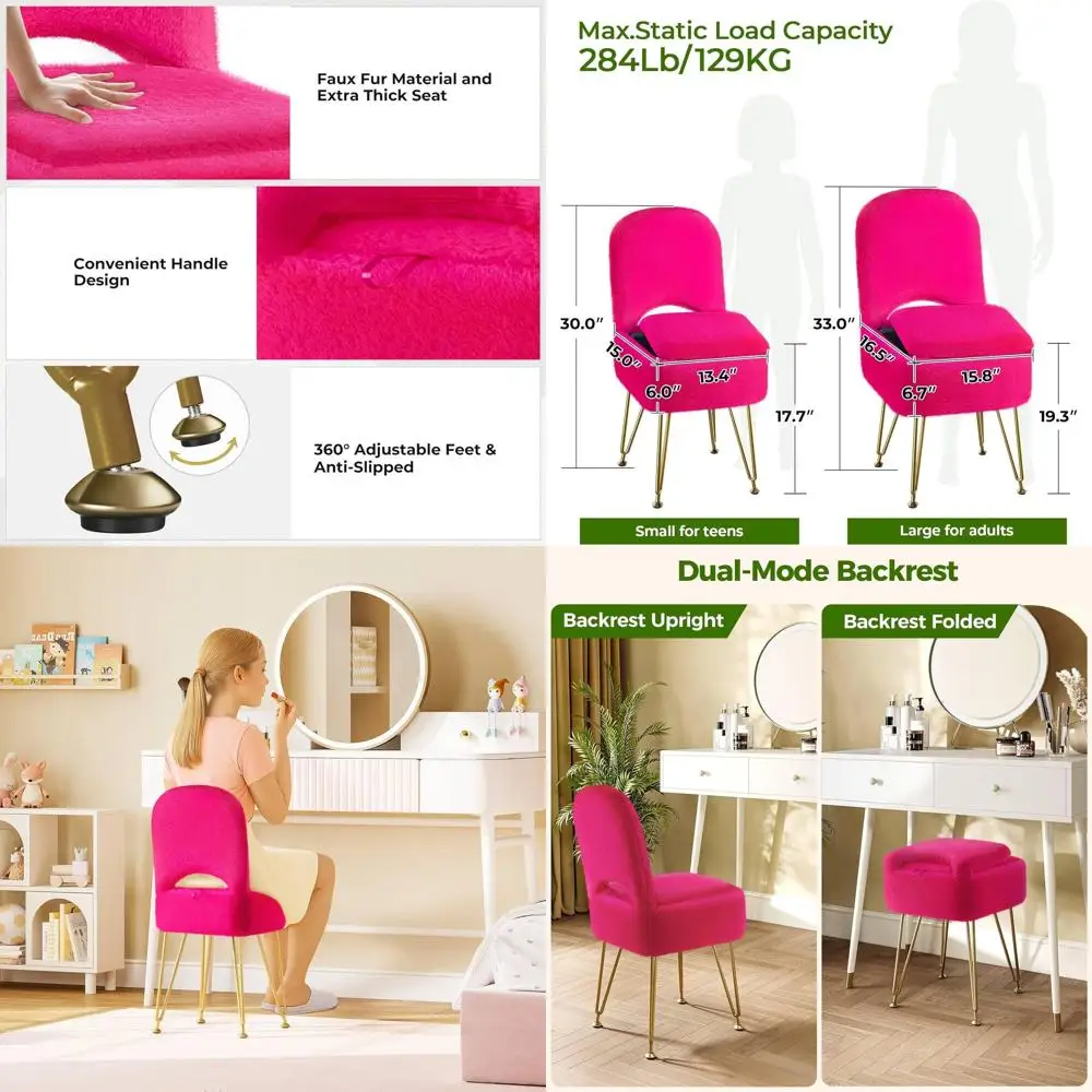 

Compact Faux Fur Vanity Chair with Storage, Folding Back, and Non-Slip Metal Legs, Ideal for Makeup and Bedroom, Rose