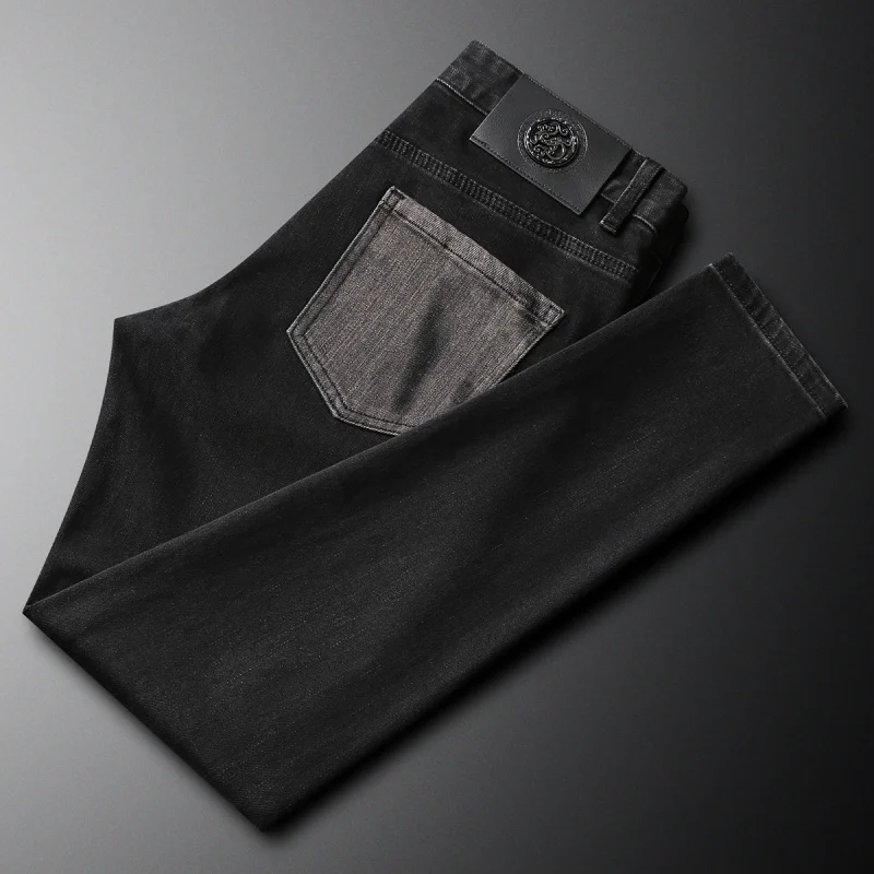 High end embroidered printed jeans for men in autumn, personalized color blocking trend, slim fit, small straight leg pants