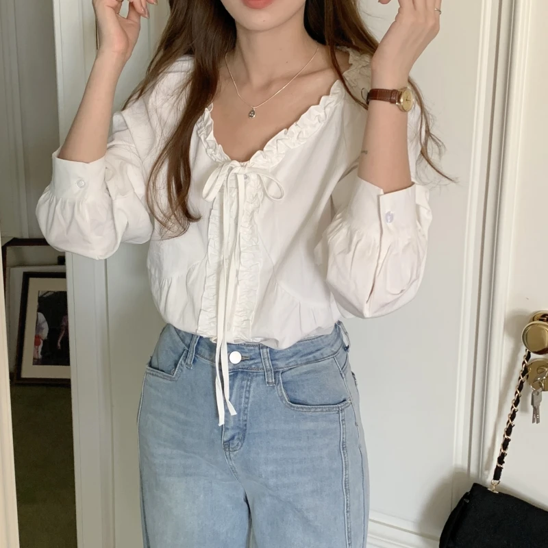 

Korean Style Sweet Soft Earlet Ruffle Tie Slim V-Neck Versatile Shirt Women Early Autumn New Style Breathable Cotton Long Sleeve