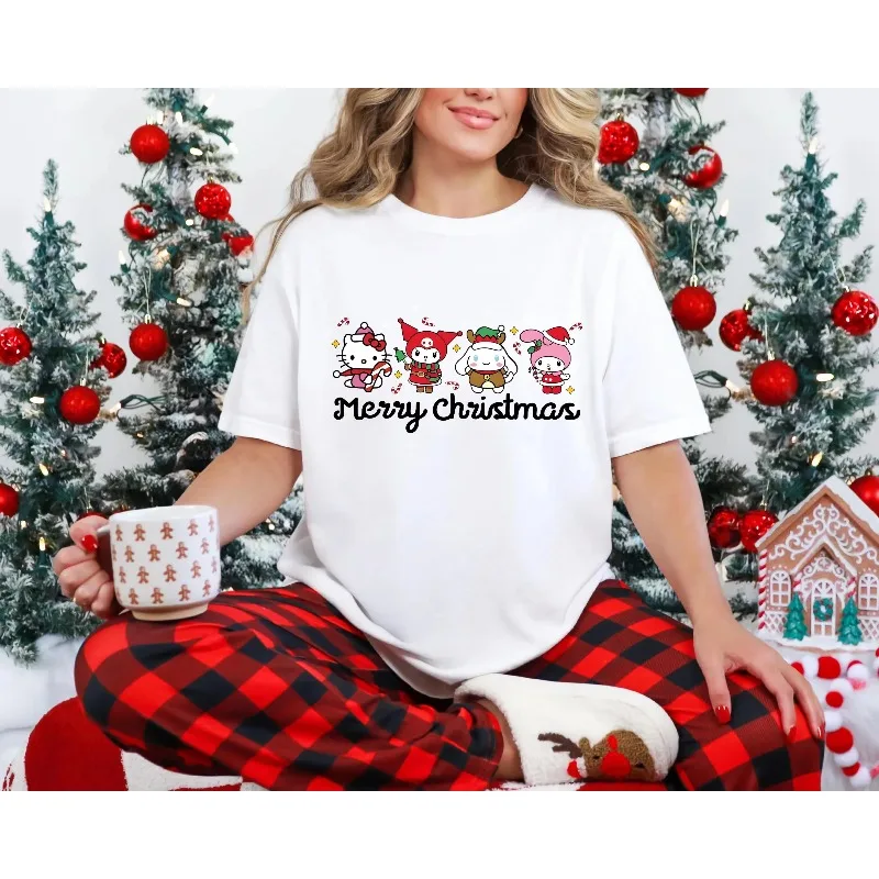 قبعة عيد الميلاد مرحبا كيتي نمط 3D مطبوعة جولة الرقبة طويلة الأكمام فضفاضة مريحة عارضة تنفس التجفيف السريع تي شيرت #1