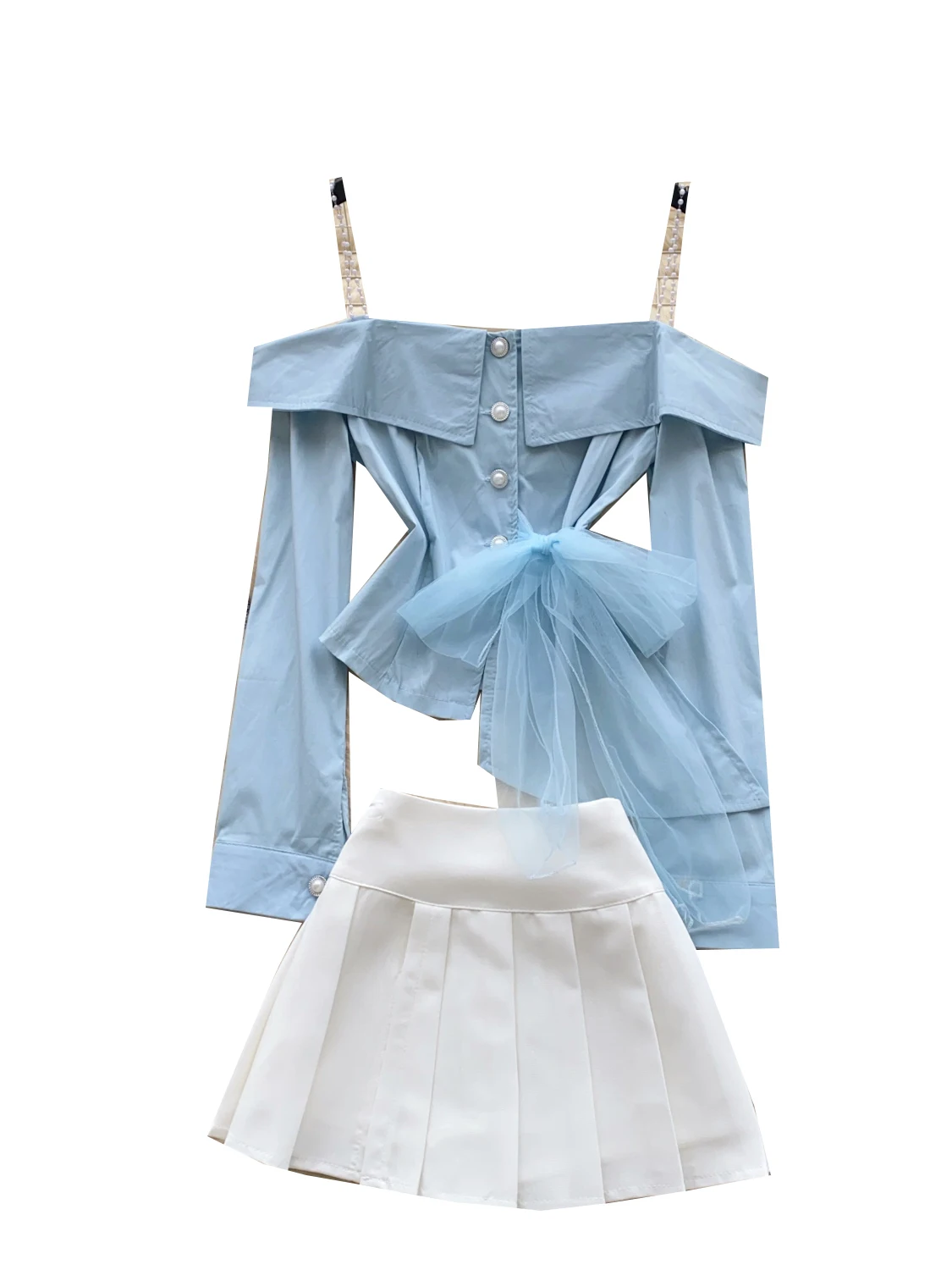 Long Sve Me One oulder irt High Waist Pleated  Skirt Two Piece Set Faionable Young Women's Summer Outfit