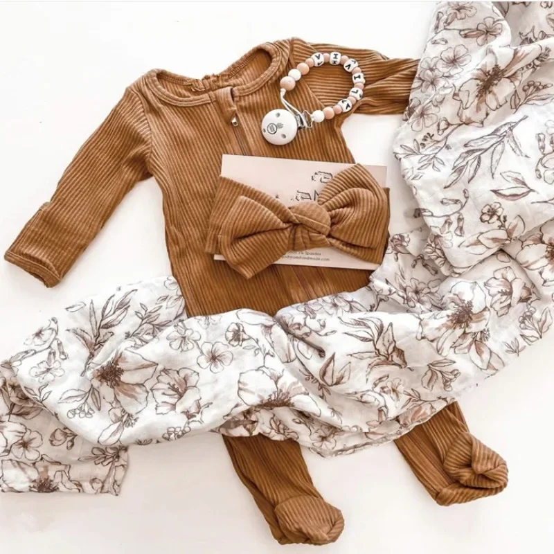 Newborn Clothes Boys Girls Pit Stripe O-neck Long Sleeve Zipper Footies Rompers+Headband Baby Soft Elasticity Jumpsuit H20604