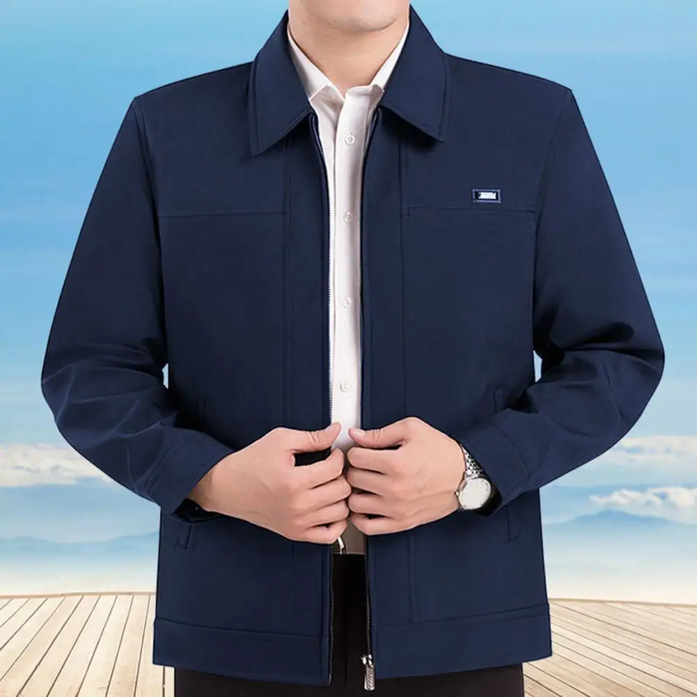 Men Winter Jacket Stylish Men\'s Lapel Jacket Thick Fleece Zipper Closure Casual Mid Length for Fall Spring Father Autumn Jacket