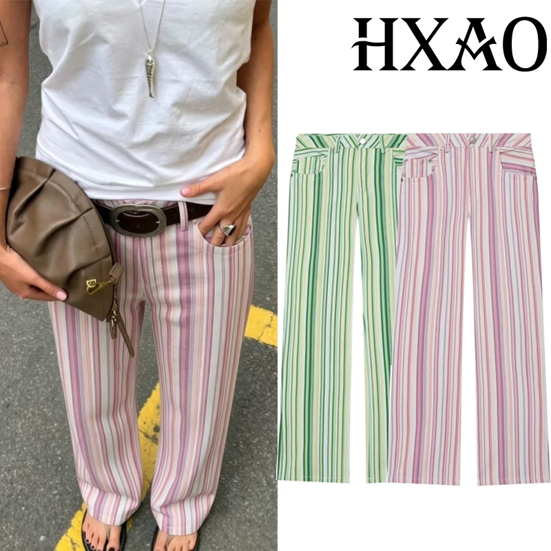 HXAO Striped Women's Pants Y2K Baggy Green Purple Jeans Pants For Woman Streetwear Low Rise Denim Straight Leg Long Trousers