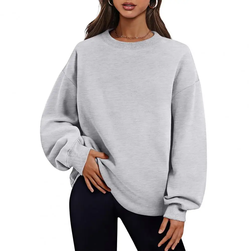 Fall Winter Women Sweatshirt Thickened Plush Loose Sweatshirt Split Hem Pockets Pullover Mid Length Warm Sport Top