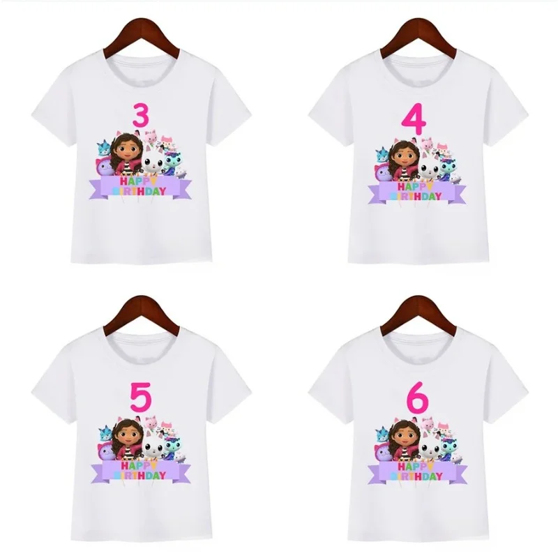 Kawaii Girls T-shirt Gabby Doll House Cartoon Print Summer Pure Cotton T-shirt Children\'s Birthday Clothing 2-14 Year Old Girl