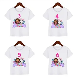 Kawaii Girls T-shirt Gabby Doll House Cartoon Print Summer Pure Cotton T-shirt Children's Birthday Clothing 2-14 Year Old Girl