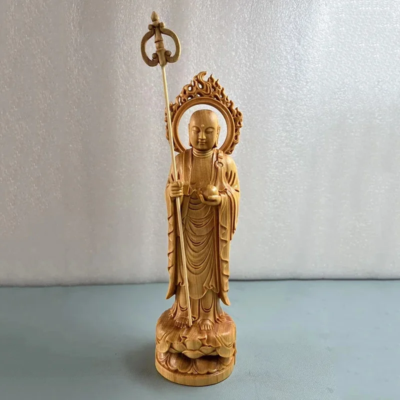 Cypress Wood Ksitigarbha Bodhisattva Statue Standing Jizo Lotus Base Feng Shui Ornament Protection Safety Home Altar Decor view 2