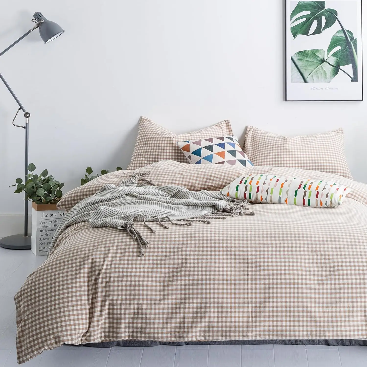 Conjunto de capa de edredom King Size Gingham – 100% algodão lavado, design xadrez bege com zíper e laços