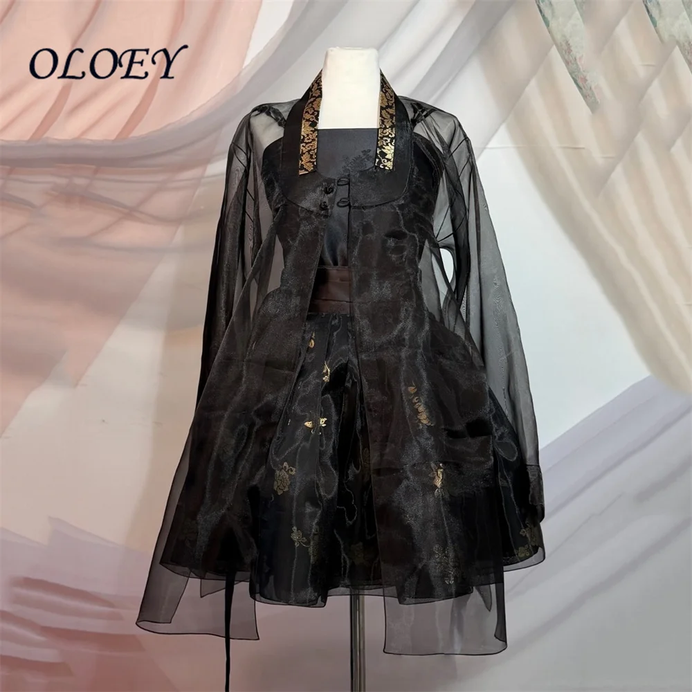 OLOEY Vintage Schwarzes Kurzes Korea-Fotoshooting-Cocktailkleid 3-teiliges Set Seidensatin-Jacke mit Organza-Puffrock Maßanfertigung