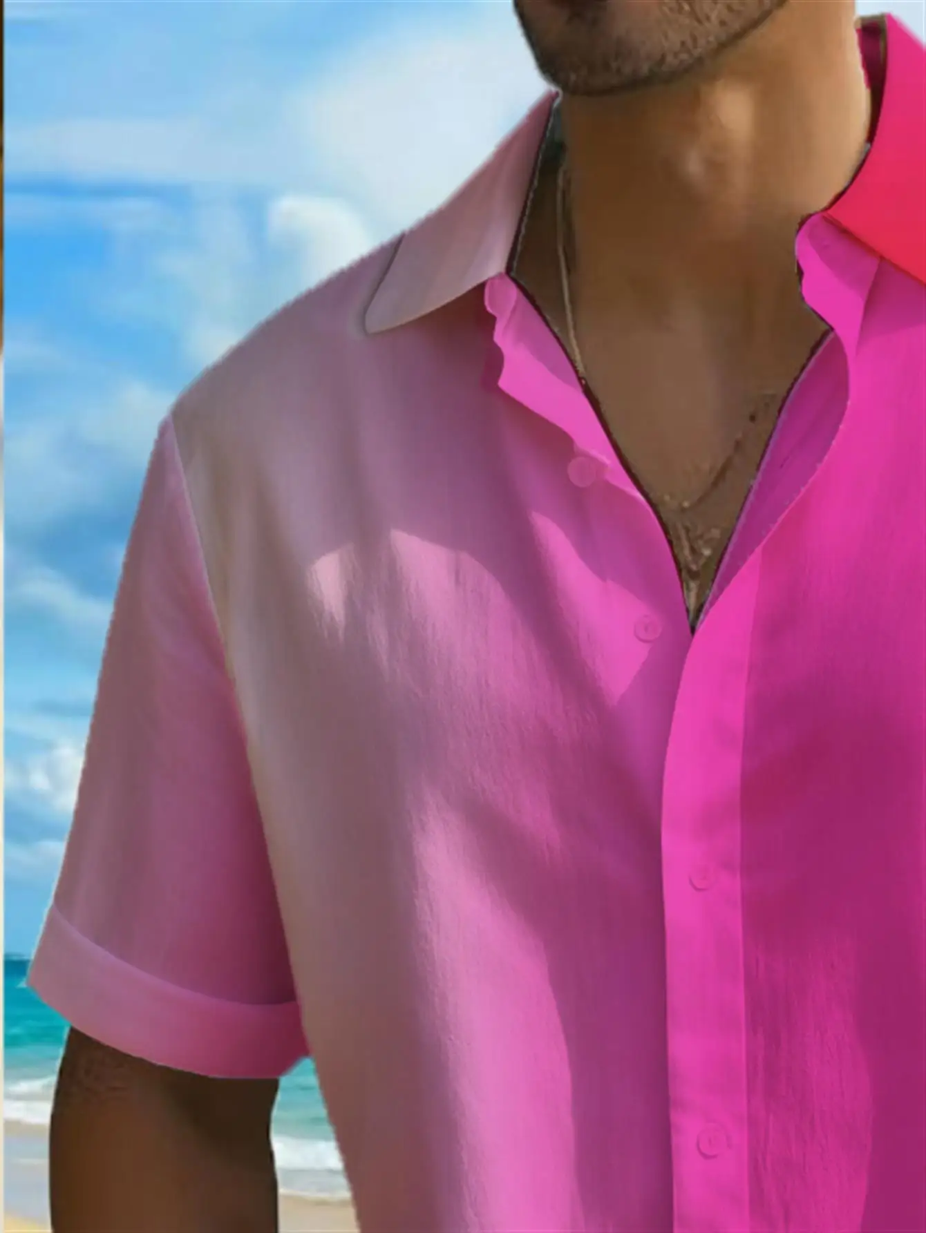 Ombre Magenta Gradient Shirt Men Cuffed Short Sleeve Lightweight Breathable Hawaii Daily Wear view 4