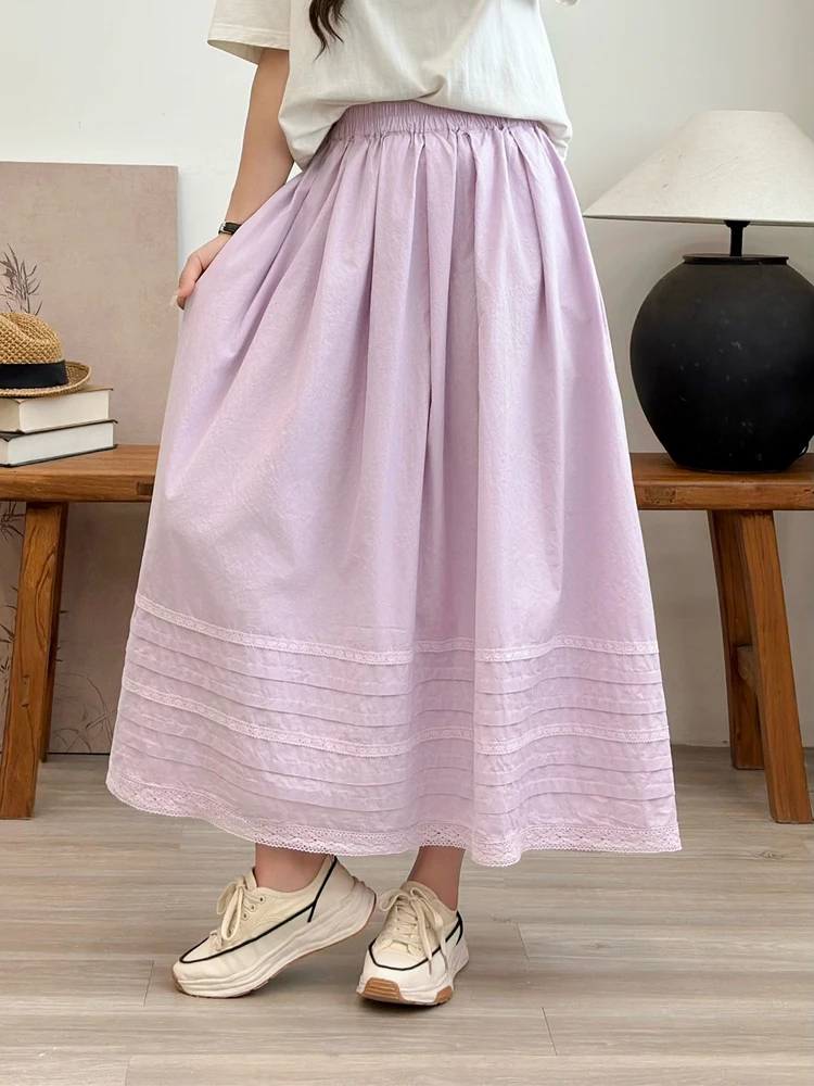 レトロな芸術的な純綿レーストリムスプライシングミディスカート女性の夏の新しいSle Ele中空花柄fボディスカート