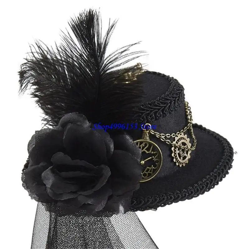 Q0KE Victorian Gear Decor  Small Fascinator Hat, Black Mesh Net Mini Top Cap with Invisible Hairpin for Stage Show Cosplay