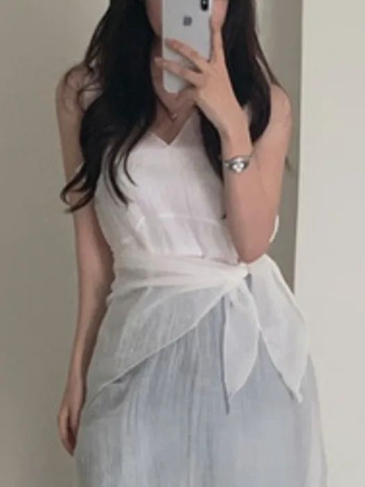 

Summer New Vintage Women's Vest Dr Design Sense Pleated Overlap V-ne ort Skirt with Headscarf Faionable Casual Dr