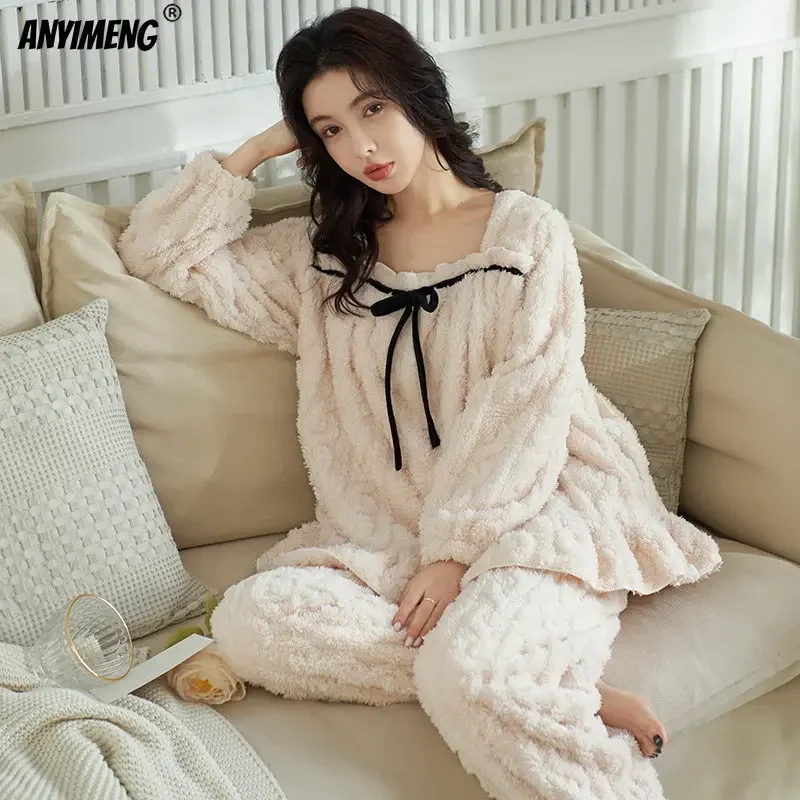 Winter Plus Size 3XL 4XL Jacquard Coral Pajamas Set for Women Teddy Style Lady Thermal Sleepwear Kawaii Girls Chubby Long Pijama