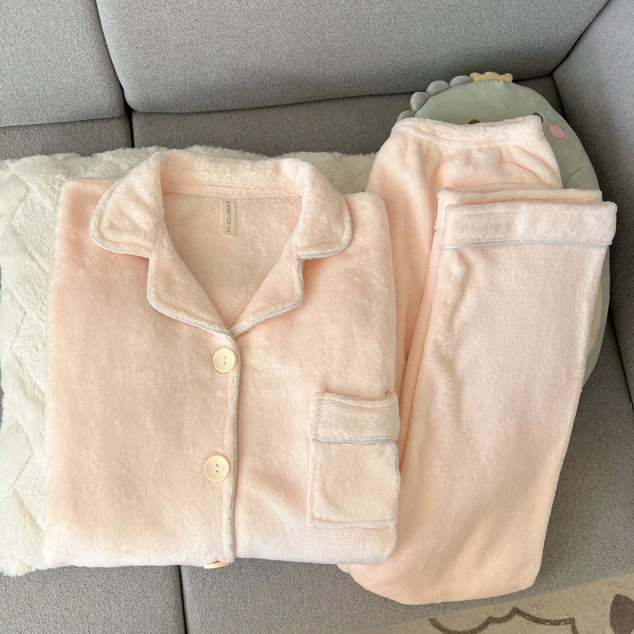 

Женский утепленный пижамный комплект на флисовой подкладке, брюки с эластичной резинкой на талии и пуговицами на груди, светло-голубой/розовый, одежда для дома, осень-зима