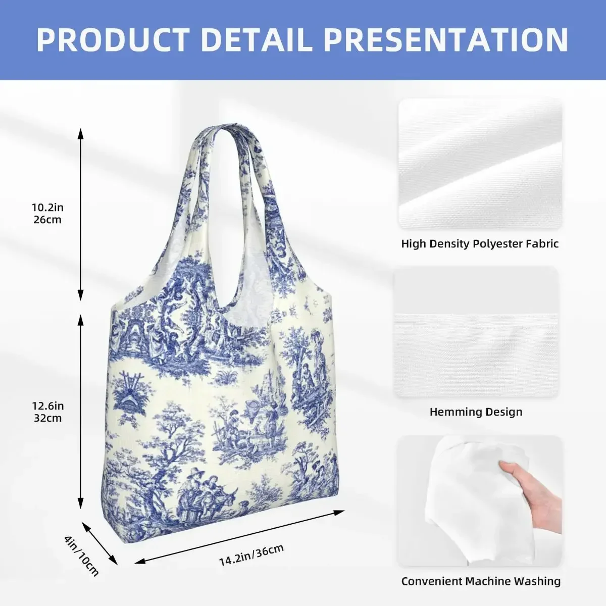 French Navy Blue Toile De Jouy Motif Pattern Shopping Bag Canvas Shoulder Tote  Portable Traditional Groceries Shopper s