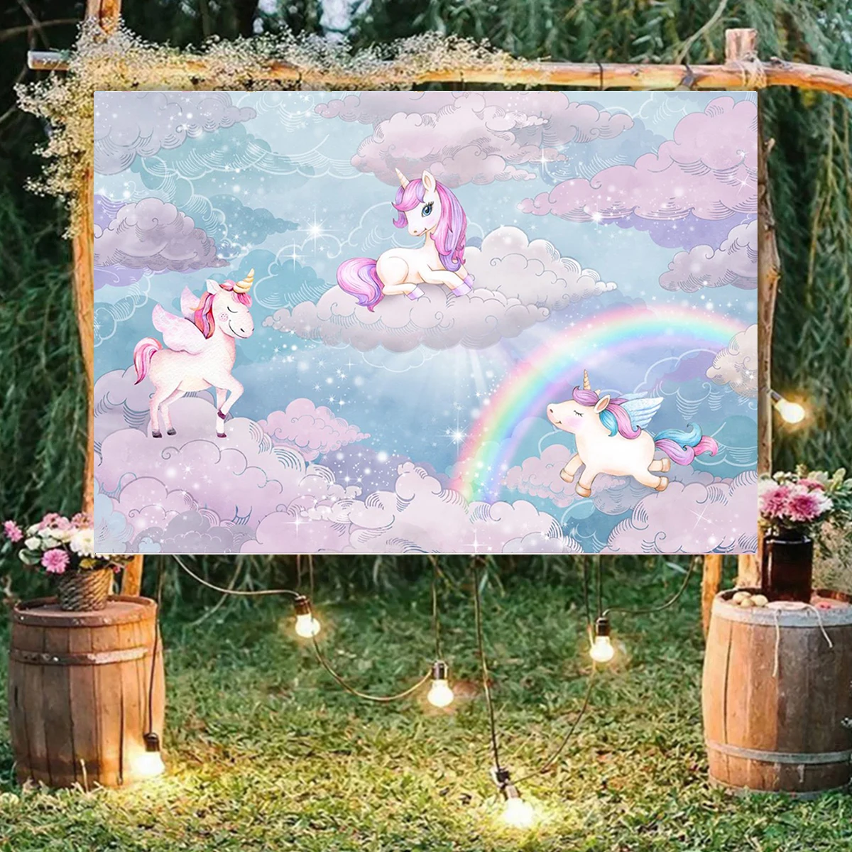 Three  Cute Unicorn With  Rainbow Clouds Backdrop Flower Ring Background  Newborn Kids Birthday Party Decoration Custom