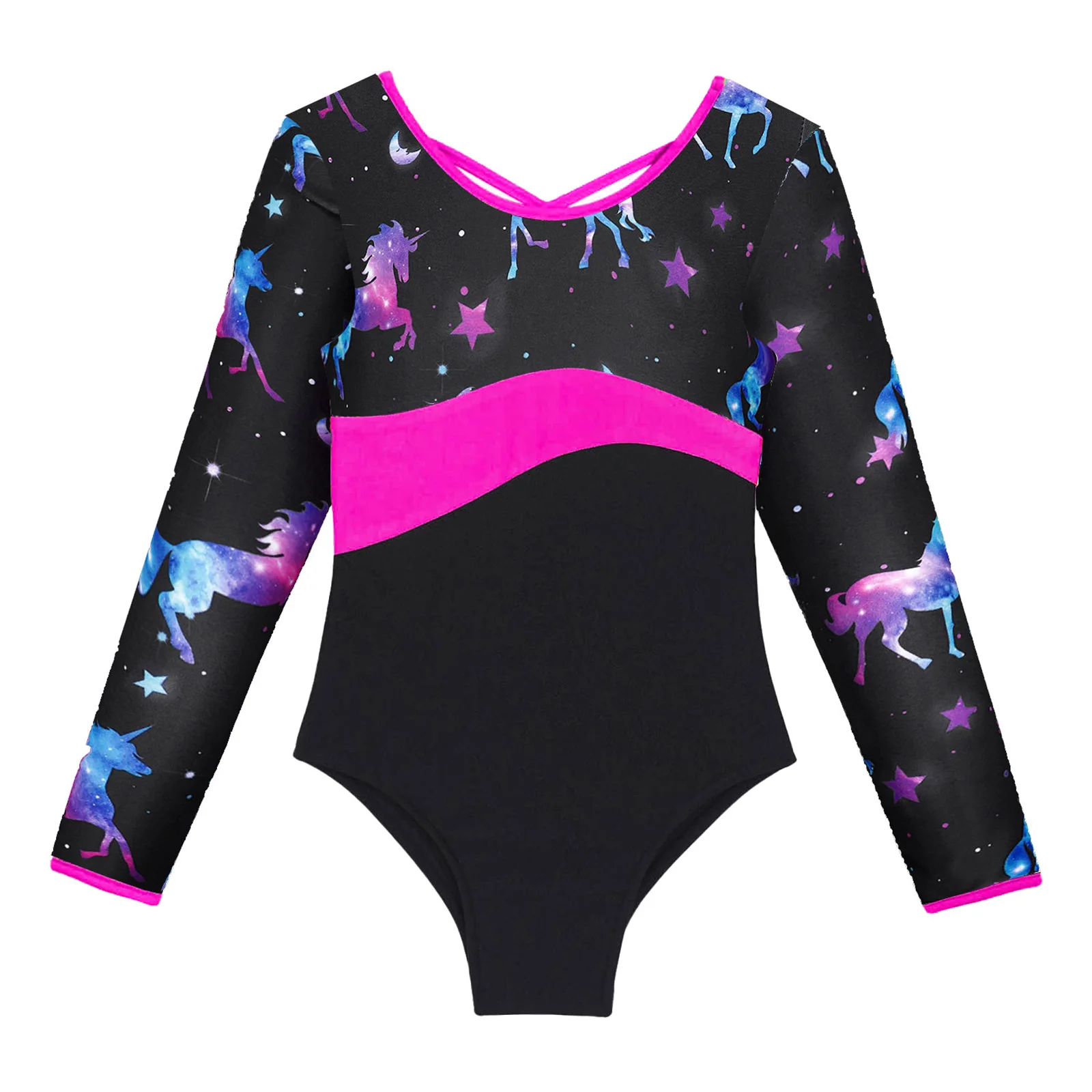 Kids Girl Gymnastics Leotard Printed Patchwork Ballet Tutu Dance Leotard Ice Skating Jumpsuit Sports Workout Dance Yoga Bodysuit