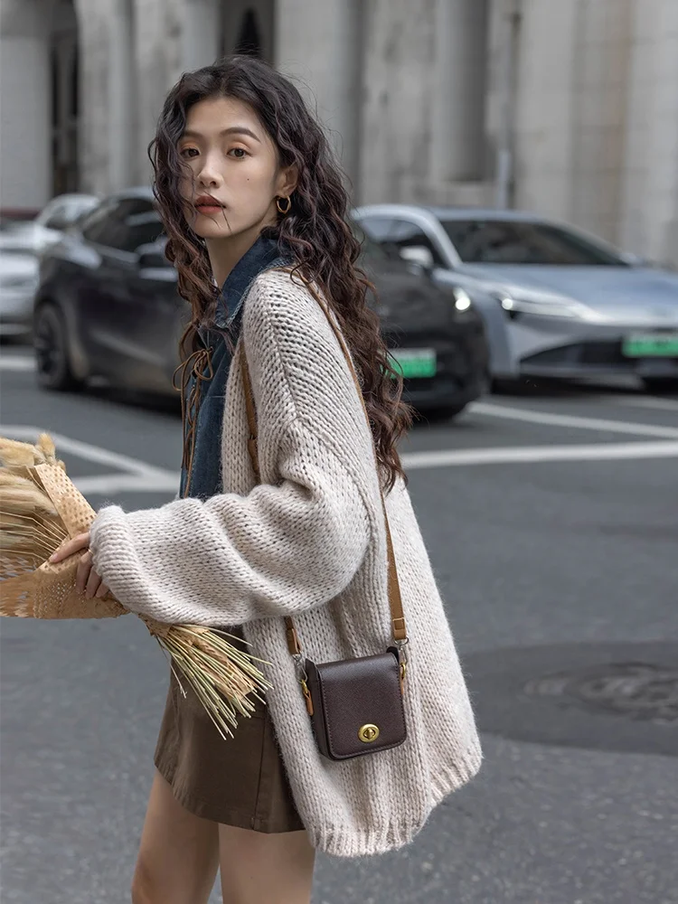 

Laid-ba Sle Knitted Sweater Coat Women's Loose Thiened Autumn Winter Pure Color Match All Outerwear V-ne Long Sve