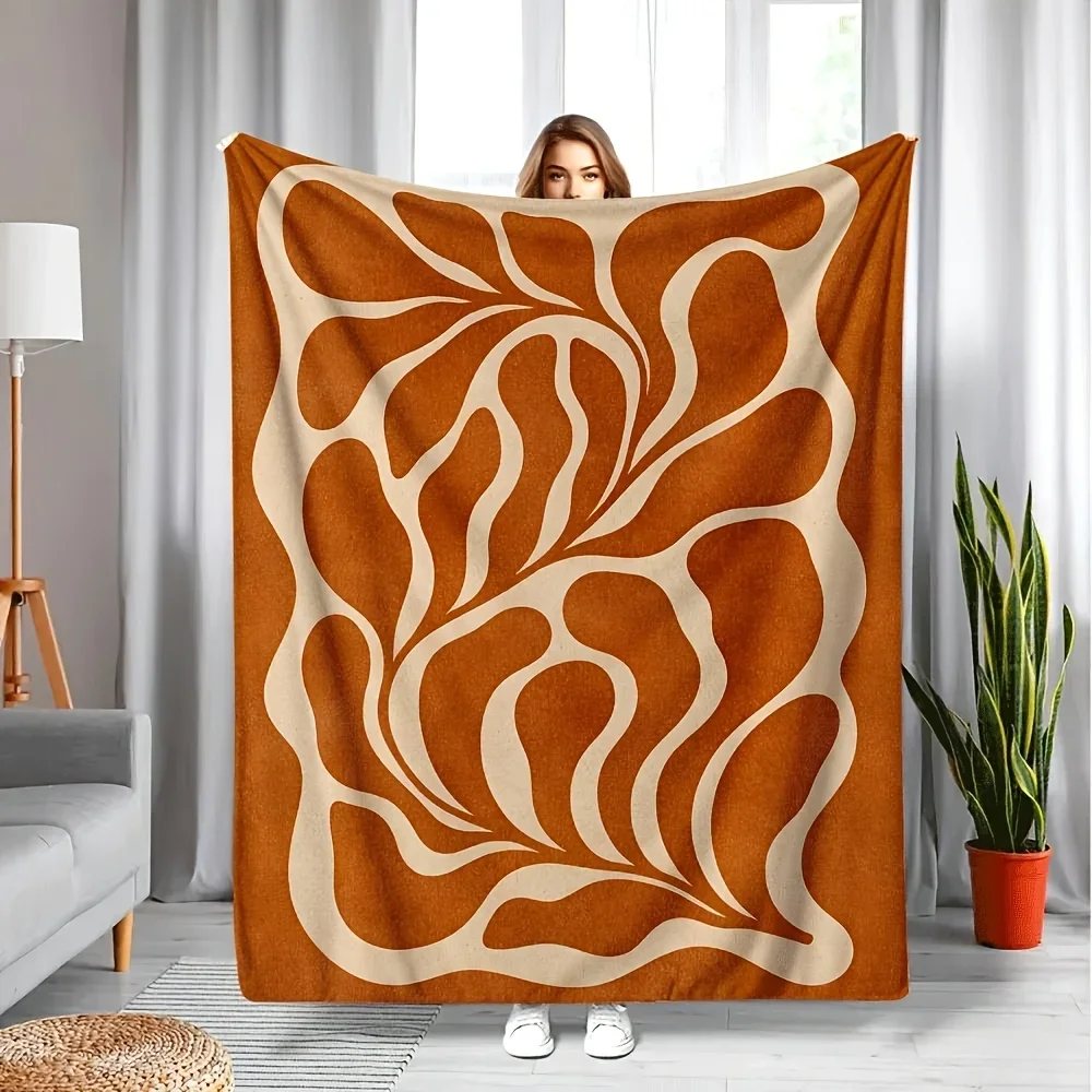 Boho Retro Curved Leaf Throw Blanket,Warm Orange Beige Abstract Art Fleece Blanket for Couch Trip Household Minimalist Aesthetic